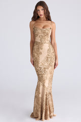 Gold Patterned Satin Maxi Dress - Limited Edition