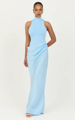 Elodie Maxi Dress - High Neck Draped Overlay Dress in Light Blue