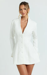 Layton Mini Dress - V Neck Long Sleeve Button Front Tulip Skirt Dress in White