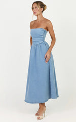 Isabella Midi Dress - Denim Strapless Ruched Dress in Mid Blue Wash