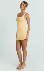 Welmina Mini Dress - Square Neck Front Placket Dress in Lemon