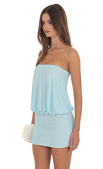 Strapless Blouson Style Mini Dress In Aqua