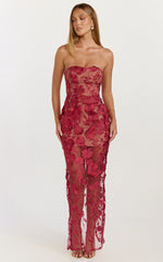 Sienna Maxi Dress - 3D Floral Strapless Column Dress in Wine