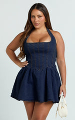 Hayes Mini Dress - Halter Neck Corset Bodice Dress in Dark Blue