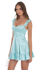 Satin Ruffle Fit and Flare Dress in Aqua