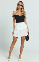 Izara Mini Dress - Off Shoulder Pleated Dress in Black/White