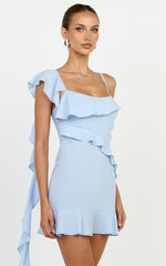 Arabella Mini Dress - Ruffle Frilled Hem Fit And Flare Dress in Blue