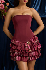 Strapless Ruffled Tiered Corset Mini Dress in Maroon Floral Print