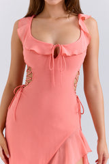 Coral Georgette Ruffle Maxi Dress