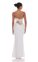 Velvet Sequin Strapless Maxi Dress in White
