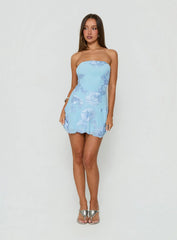 Meadow of Dreams Strapless Mini Dress Blue Floral Burnout