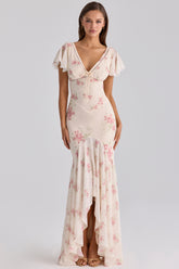 Ivory Vintage Rose Print Georgette Maxi Tea Dress