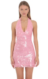 Sequin Halter Mini Dress in Pink