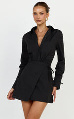 Heath Mini Dress - Collared Button Up Shirt Dress in Black