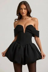 Off-Shoulder Layered Bubble Hem Corset Mini Dress in Black