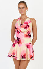 Sailor Mini Dress - Halter Neck Fit And Flare Dress in Floral Bloom Print