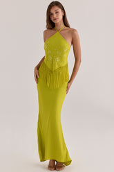 Chartreuse Satin Custom Embellished Fringed Maxi Dress - Limited Edition