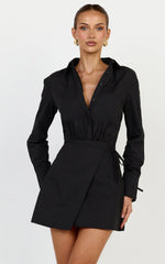 Heath Mini Dress - Collared Button Up Shirt Dress in Black