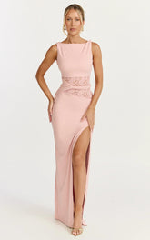 Alberta Maxi Dress - Spliced Sheer Lace Column Dress in Pink