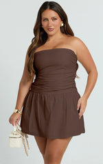 Donatella Mini Dress - Strapless Drop Waist Dress in Chocolate