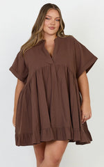 Calissa Mini Dress - Frill Hem Smock Dress in Chocolate