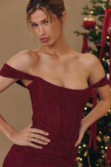 Wine Floral Lace Corset Maxi Dress