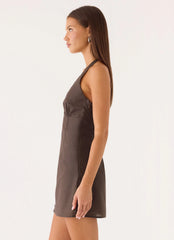 Agneta Halter Linen Mini Dress - Chocolate Tropic Floral