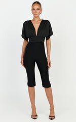 Liana Bodysuit - Plunge Neck Wide Sleeve Bodysuit in Black