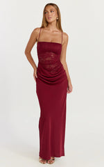 Rania Maxi Dress - Contrast Lace Bodice Bias Cowl Drop Waist Dress in Wine