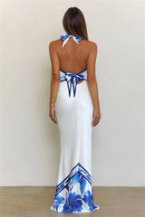 Golden Hour Floral Halter Satin Maxi Dress Blue