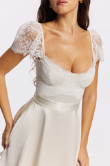 White Satin + Lace Mini Dress With Detachable Waist Tie