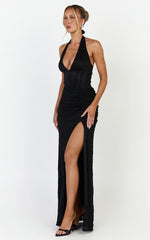 Lacey Maxi Dress - Lace Corset Style Bodice Halter Dress in Black