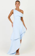 Alani Maxi Dress - Off Shoulder Asymmetric Flounce Dress in Light Blue