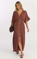 Sitting Pretty Maxi Dress - Short Sleeve Button Down Dress in Chocolate