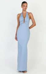 Baya Maxi Dress - Gathered Plunge Neckline Halter Dress in Pale Blue