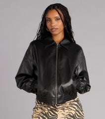 Off Duty Cool Faux Leather Zip Up Bomber