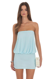 Strapless Blouson Style Mini Dress In Aqua