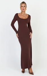 Gabriella Maxi Dress - Long Sleeve Scoop Neck Dress in Chocolate