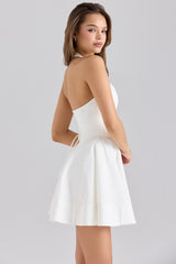 White Stretch Cotton Halter Neck Mini Dress