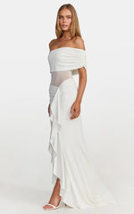 Hallie Maxi Dress - One Shoulder Flounce Dress With Leg Split And Sheer Panel in White