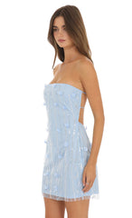 Strapless Floral Sequin Mini Dress in Light Blue