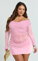 Jade Mini Dress - Long Sleeve Off Shoulder Draped Bias Cut Dress in Pink