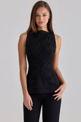 Black Cotton Placement Lace Broderie Anglaise Boat Neck Top