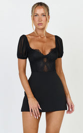 Lara Bodysuit - Lace Detail Sweetheart Short Sleeve Bodysuit in Black