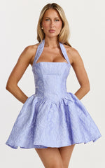 Maddy Mini Dress - Square Neck Halter Fit And Flare Dress in Blue