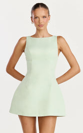 Raquelle Mini Dress - Boucle Boat Neck V Back Fit and Flare Dress in Pistachio