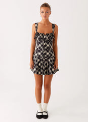 Tuni Cotton Mini Dress - Taupe Check