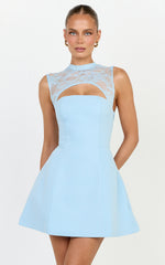 Sia Mini Dress - Cut out Contrast Lace Tulip Skirt Dress in Light Blue