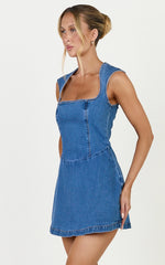 Heather Mini Dress - Square Neck A Line Denim Mini Dress in Mid Blue Wash