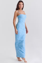 Tuscan Blue Embroidered Floral Maxi Dress
